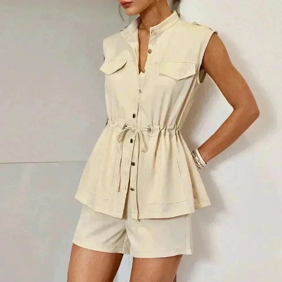 Apricot Casual Women's Solid Color Sleeveless Top & Drawstring Shorts - Picture 4 of 6